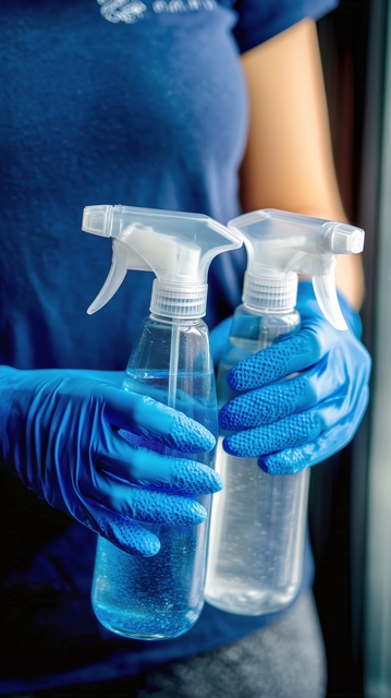 person holds two spray bottles with blue gloves in a well lit indoor area