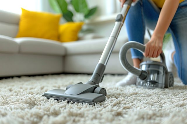 woman cleaning with vacuum cleaner carpet in the living room at home.