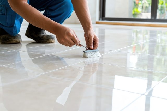 worker cleaning a tiled floor